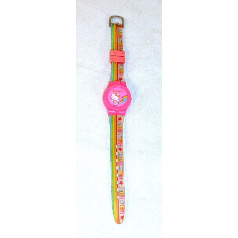 Sanrio Hello Kitty Digital Watch Flip Face Pink Yellow Green Stripe Need Battery